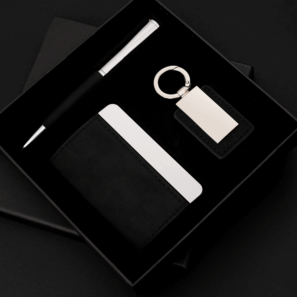 COFFRET CADEAU DE LUXE GRAVÉ - PORTE-CLÉS, STYLO ET PORTE-CARTES PERSONNALISÉS