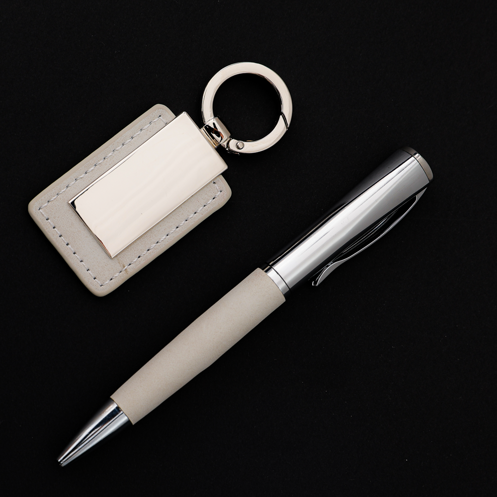 COFFRET CADEAU DE LUXE AVEC STYLO ET PORTE-CLÉS PERSONNALISABLE BLANC
