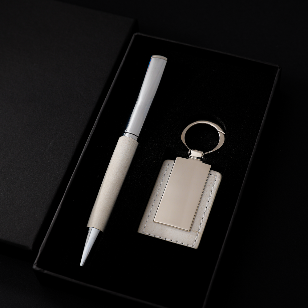 COFFRET CADEAU DE LUXE AVEC STYLO ET PORTE-CLÉS PERSONNALISABLE BLANC