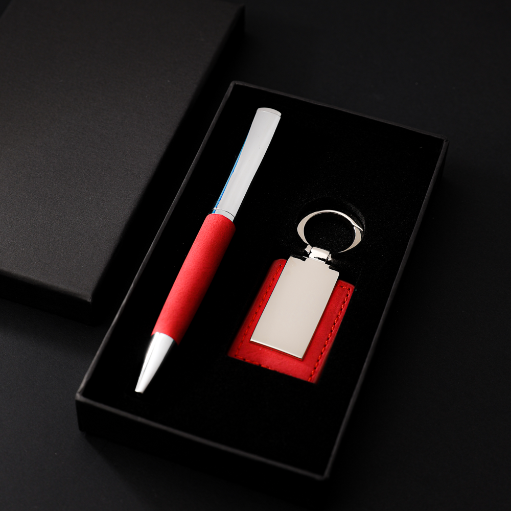 COFFRET CADEAU DE LUXE AVEC STYLO ET PORTE-CLÉS PERSONNALISABLE ROUGE