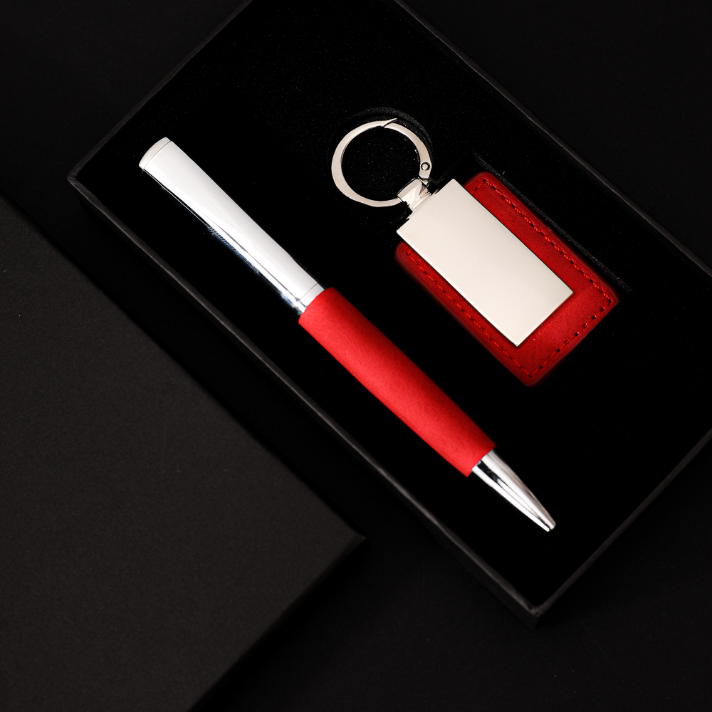 COFFRET CADEAU DE LUXE AVEC STYLO ET PORTE-CLÉS PERSONNALISABLE ROUGE