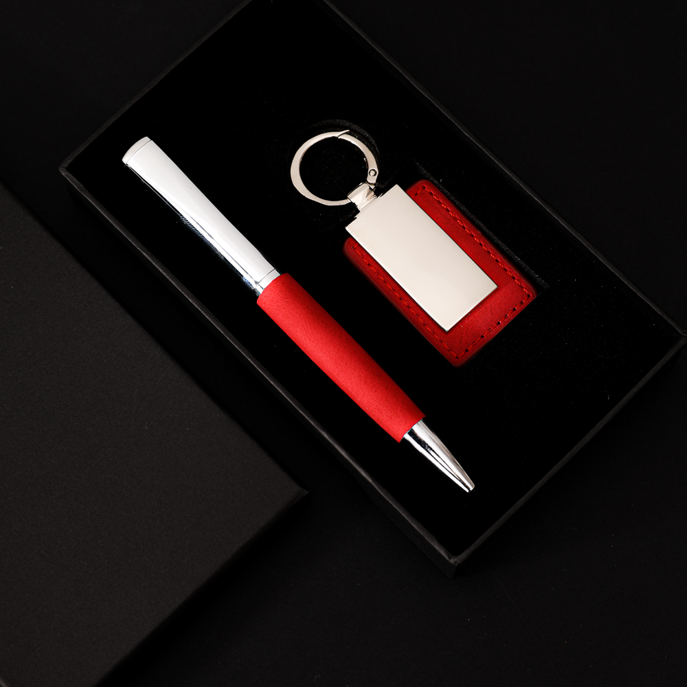 COFFRET CADEAU DE LUXE AVEC STYLO ET PORTE-CLÉS PERSONNALISABLE ROUGE