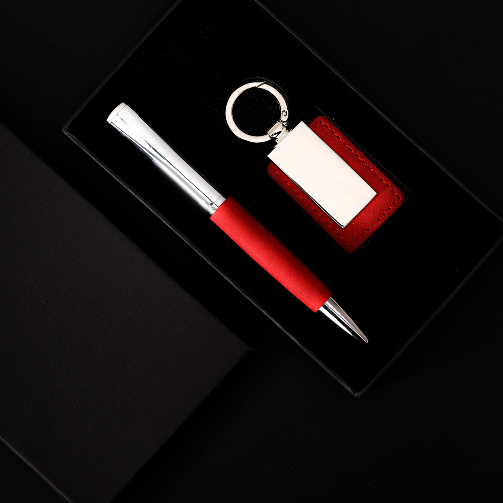 COFFRET CADEAU DE LUXE AVEC STYLO ET PORTE-CLÉS PERSONNALISABLE ROUGE