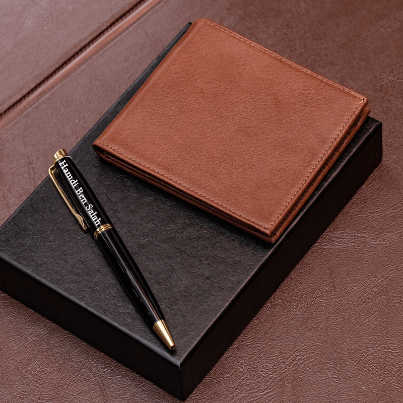 COFFRET LUXE STYLO ET PORTEFEUILLE PERSONNALISÉ MARRON
