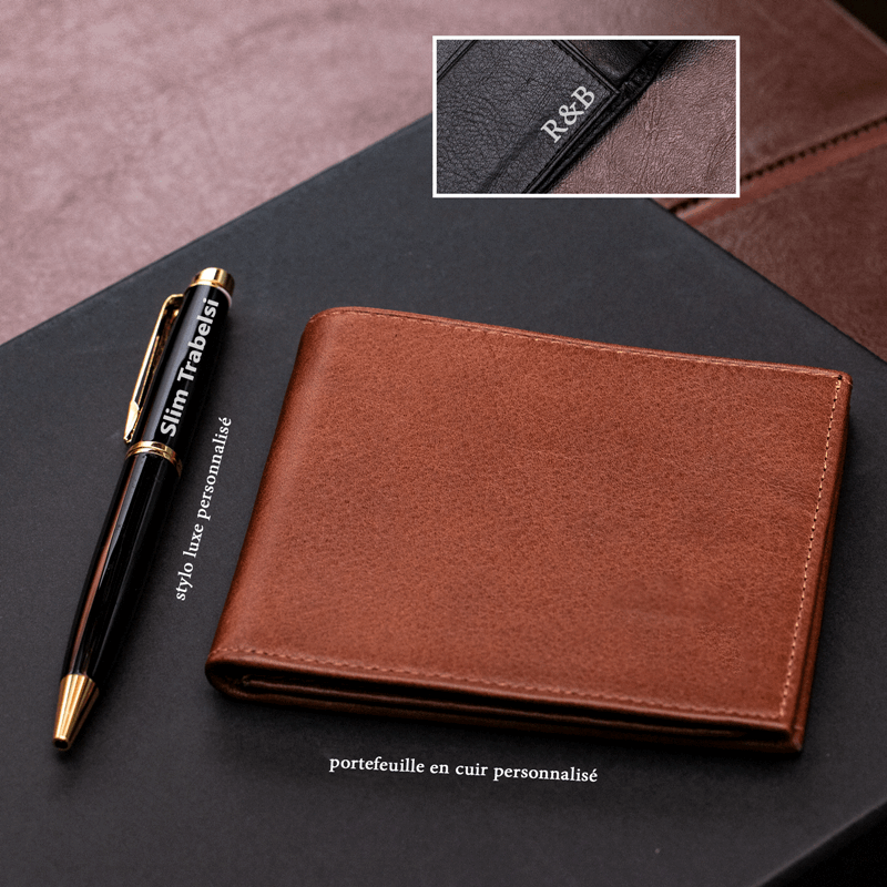 COFFRET LUXE STYLO ET PORTEFEUILLE PERSONNALISÉ MARRON