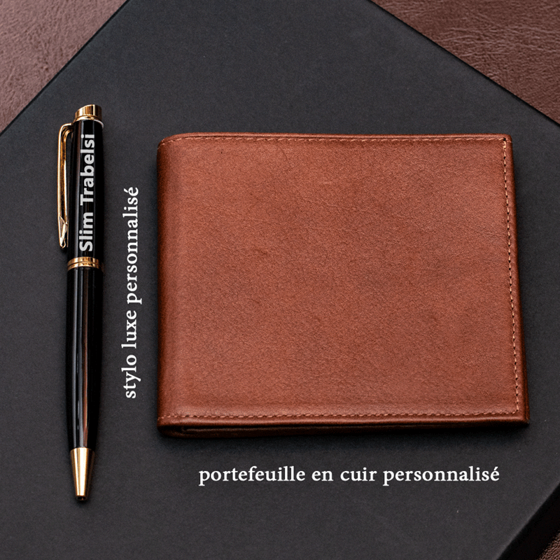 COFFRET LUXE STYLO ET PORTEFEUILLE PERSONNALISÉ MARRON