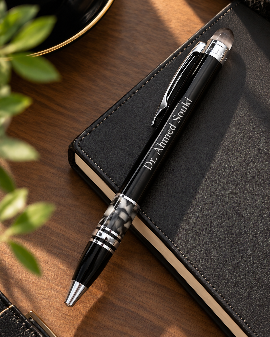Stylo de luxe personnalisable sur un carnet en cuir noir à côté d'une tasse de café expresso