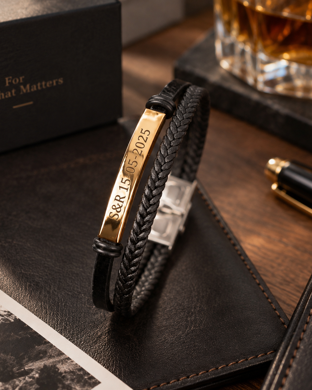 Bracelet Homme en Cuir Noir Tressé avec Plaque Dorée