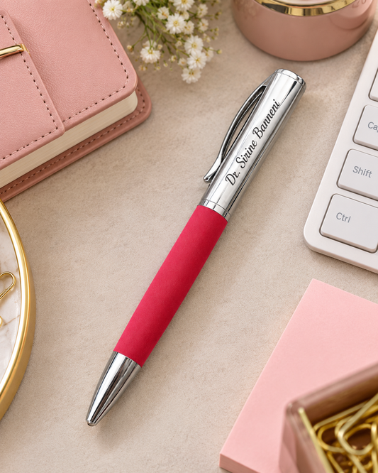 Cadeau professionnel pour femme : stylo rouge personnalisé avec gravure nominative sur bureau élégant