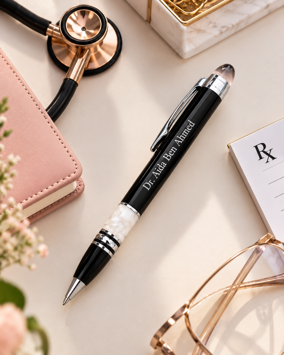 Stylo de luxe personnalisé pour médecin gravure Dr Aida Ben Ahmed avec anneau nacre blanche