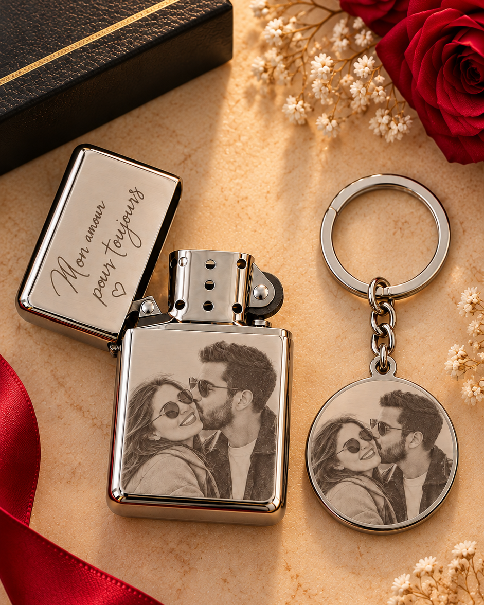 Briquet personnalisé avec photo et porte-clés gravé dans un coffret cadeau