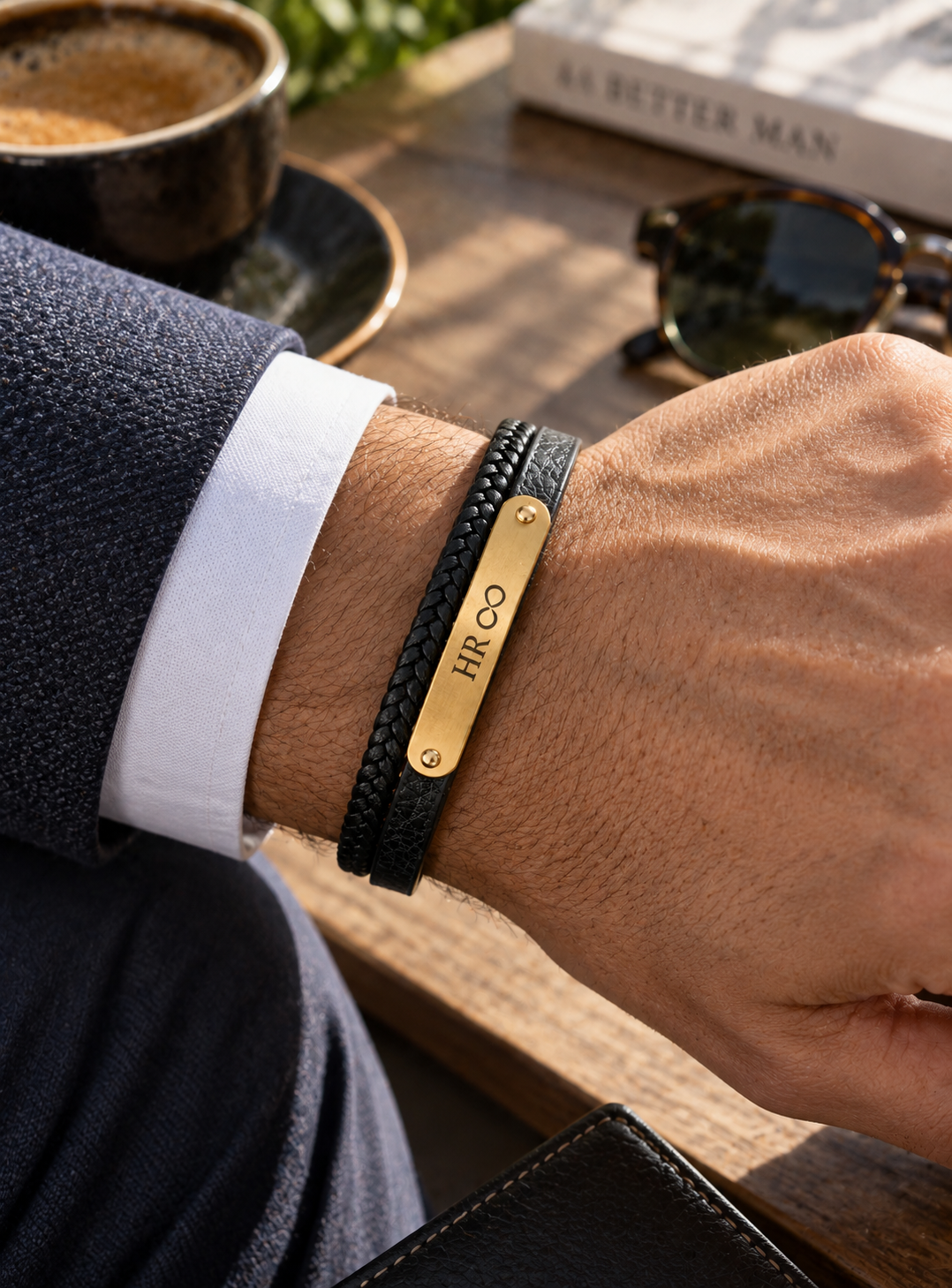 Bracelet cuir noir et plaque gravée dorée porté au poignet homme tenue élégante