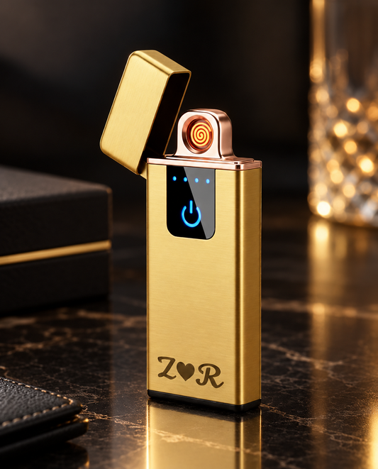 Briquet Électrique Rechargeable USB Doré Personnalisé – Cadeau Couple avec Initiales Gravées