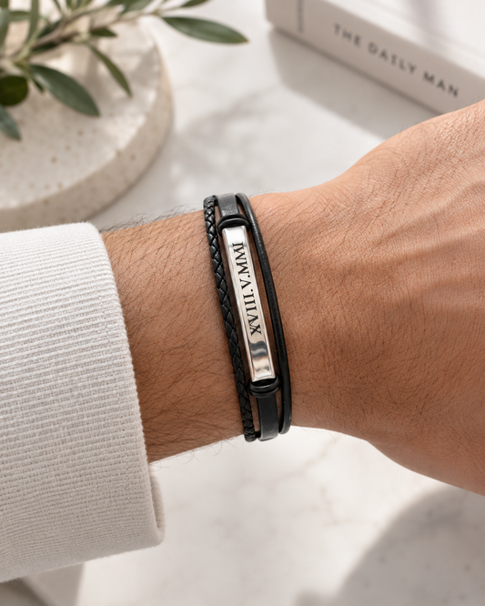 Bracelet Homme Cuir Noir et Acier Inoxydable