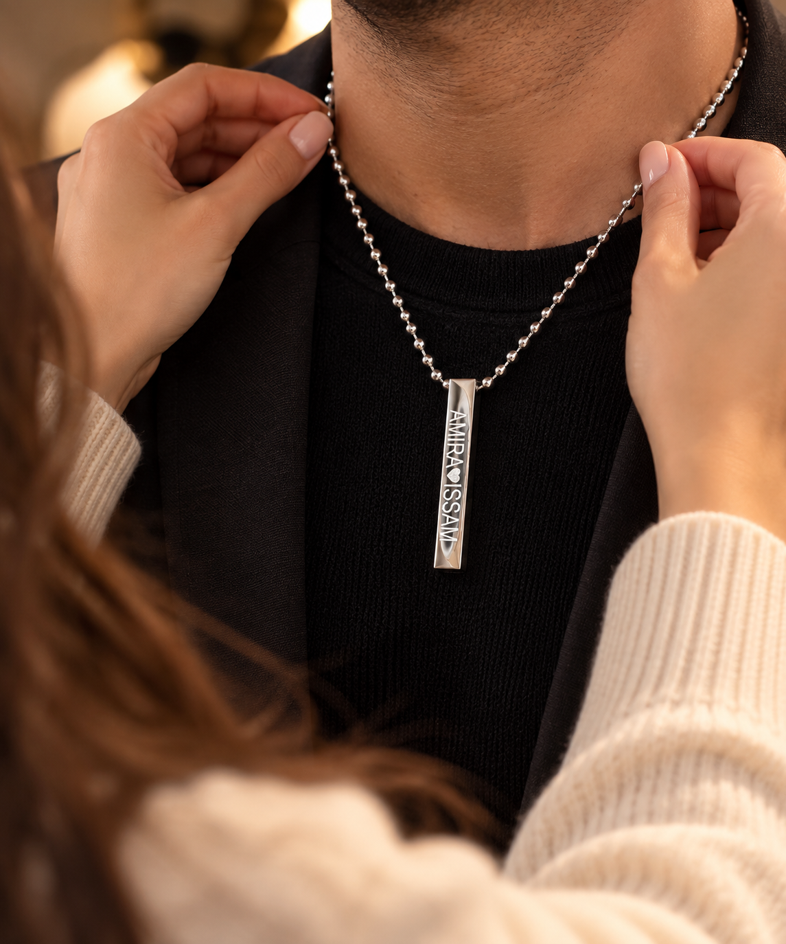 Collier Pendentif Barre 4 Faces Personnalisé en Acier Inoxydable