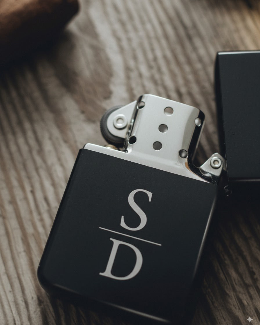 Stylish black metal lighter with flip-top lid and engraved initials “S | D”, photographed on wood with warm ambient tones. A bold statement piece for everyday carry.