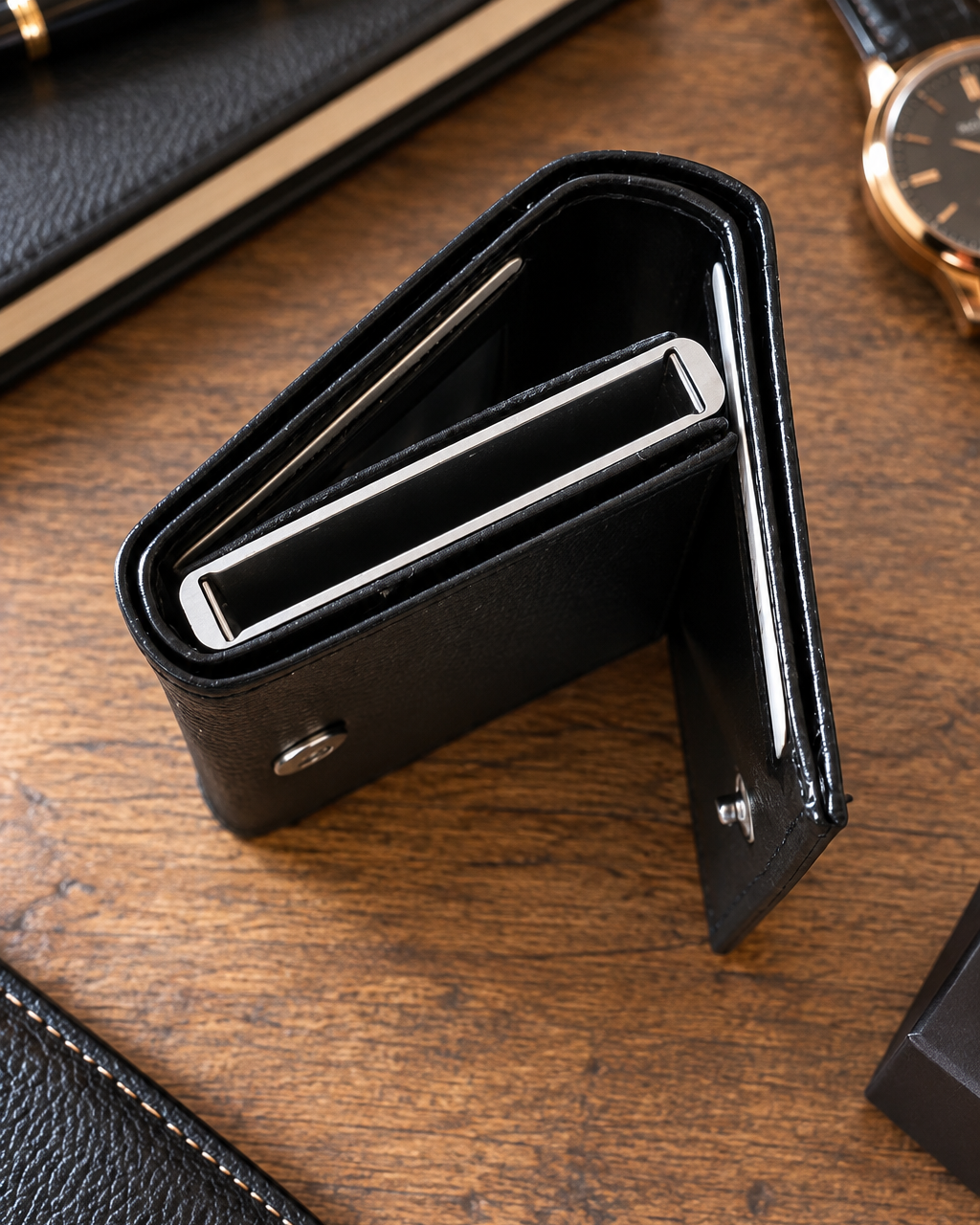 Intérieur du portefeuille homme noir personnalisé avec poche pour carte et bouton pression