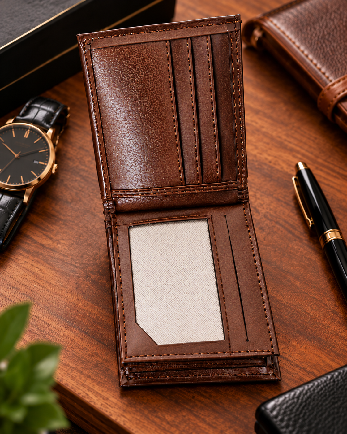 Portefeuille homme marron texturé personnalisé présenté fermé sur un bureau en bois