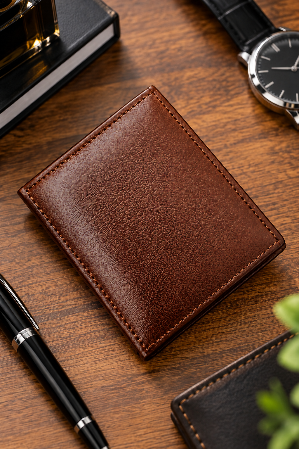 Intérieur du portefeuille homme marron avec emplacements pour cartes et fenêtre