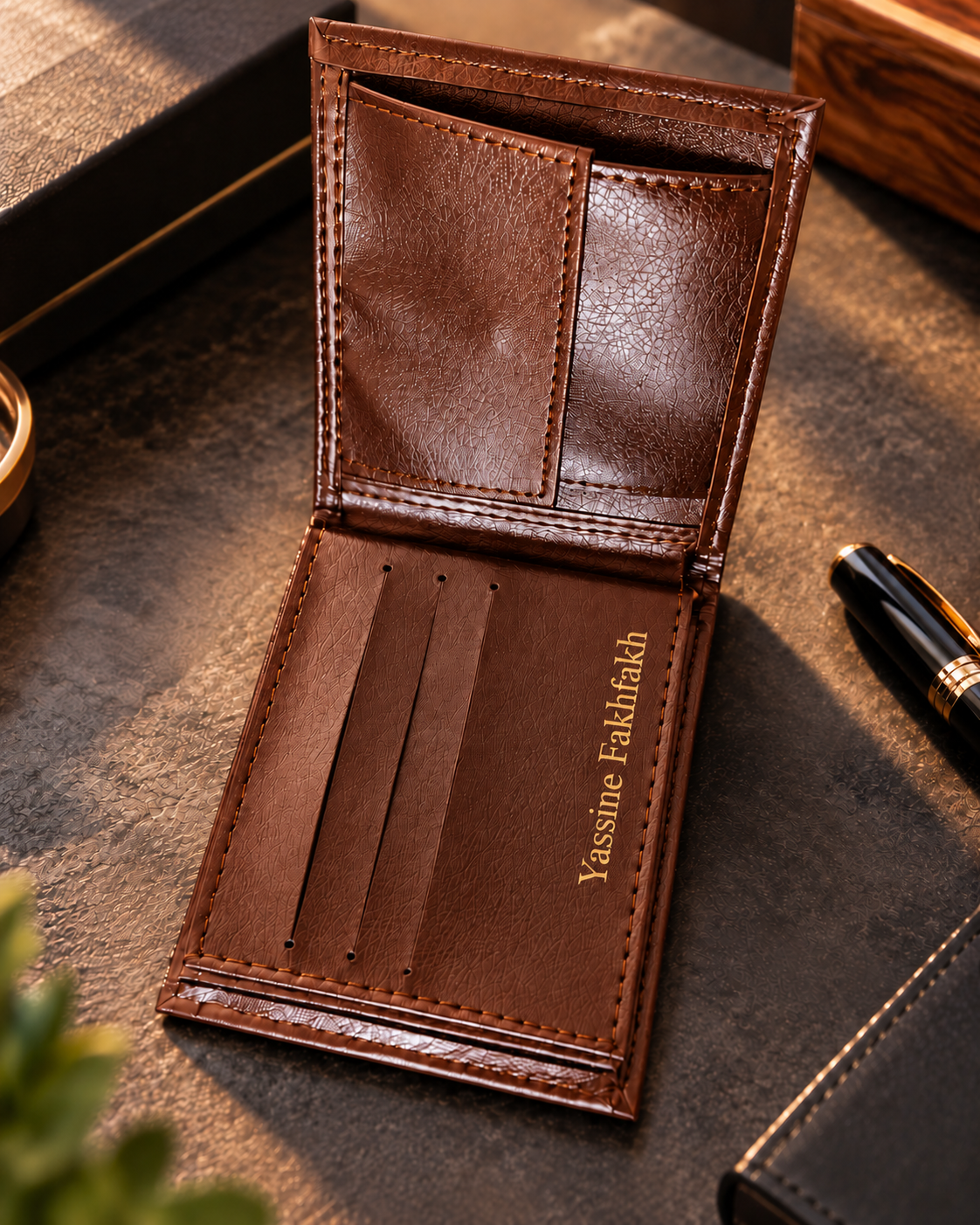 Portefeuille homme marron personnalisé avec nom gravé en doré à l'intérieur