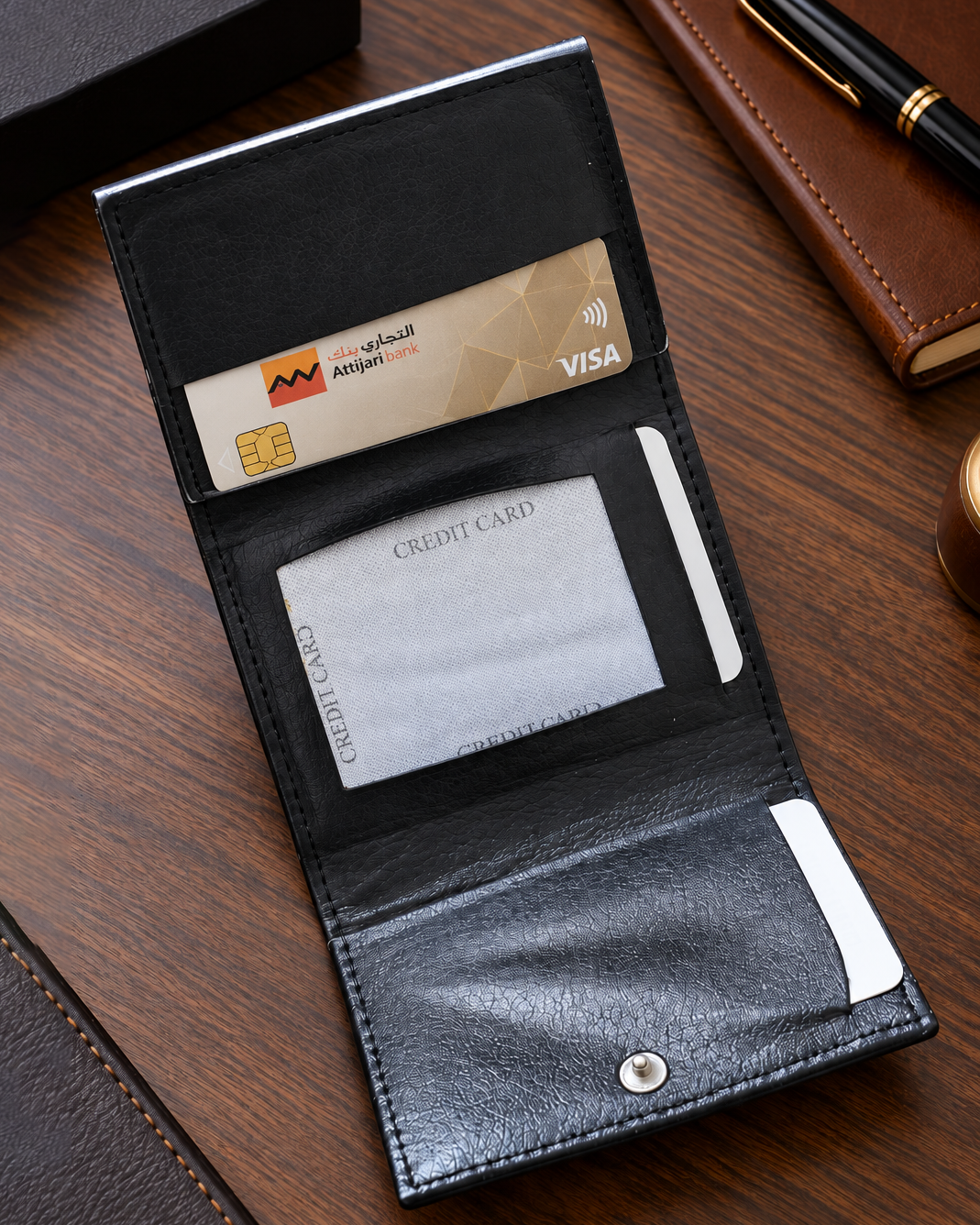 Portefeuille homme noir personnalisé ouvert avec compartiments pour cartes sur bureau en bois