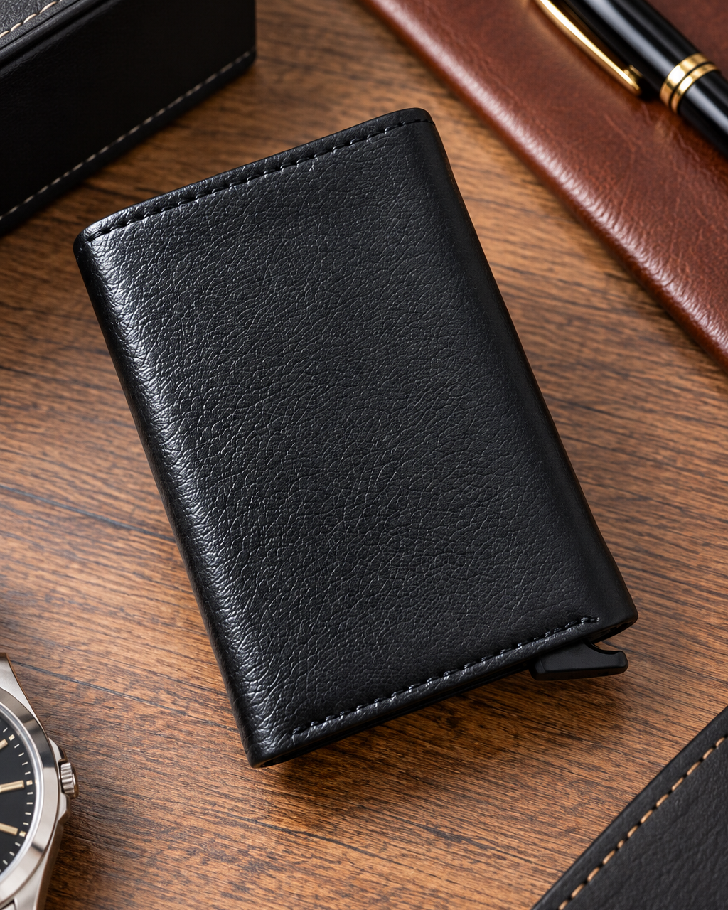 Vue extérieure du portefeuille homme noir texturé présenté sur un bureau en boi
