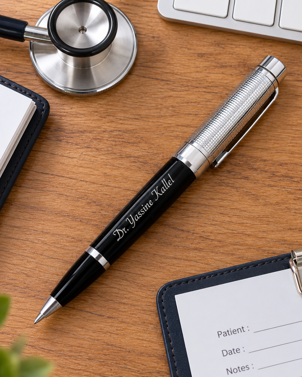 Stylo de luxe personnalisé gravure Dr Yassine Kallel avec capuchon chromé texturé et stéthoscope