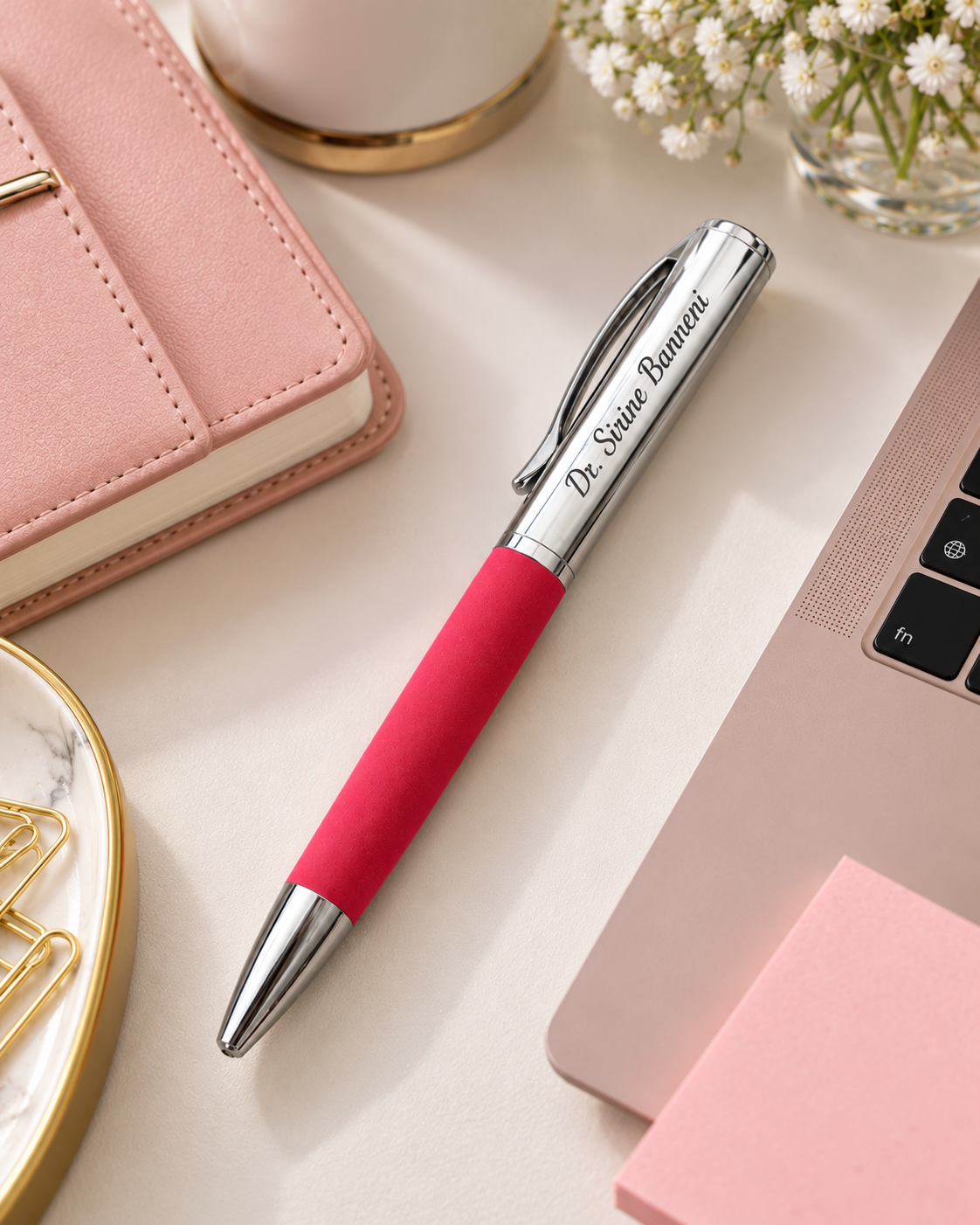 Stylo de luxe rouge et argent personnalisé avec nom gravé sur un bureau féminin élégant