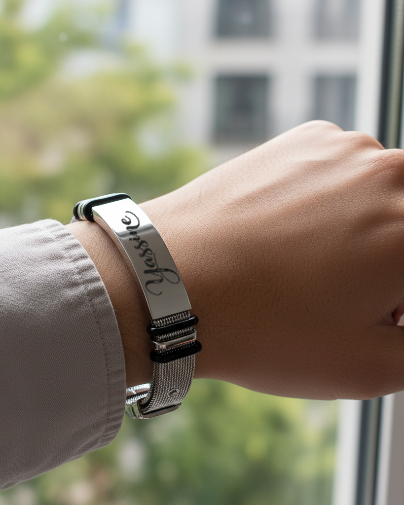 Bracelet gourmette unisexe en acier inoxydable argenté avec maille milanaise et plaque d'identité lisse sur fond marbre.