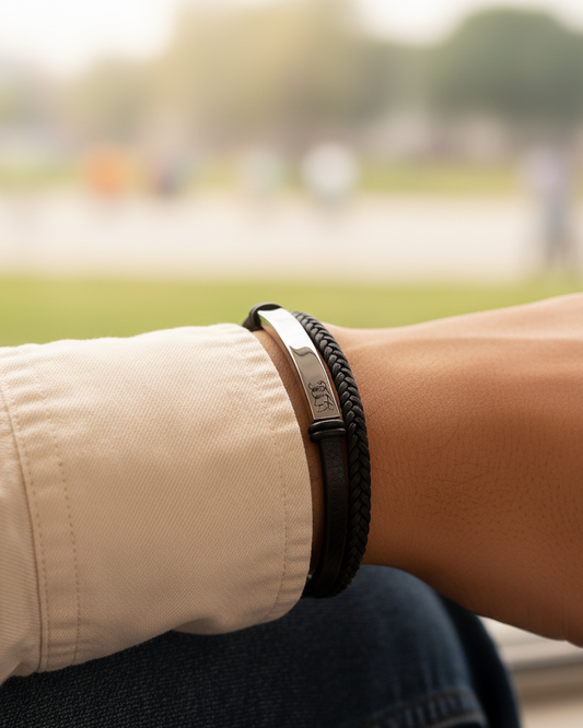 Bracelet en cuir noir tressé pour homme avec plaque en acier inoxydable gravée d'initiales et d'une date.