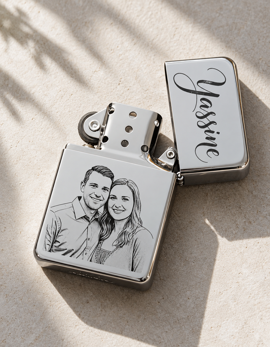 Briquet tempête chrome personnalisé, gravure laser d'une photo de couple et d'un prénom