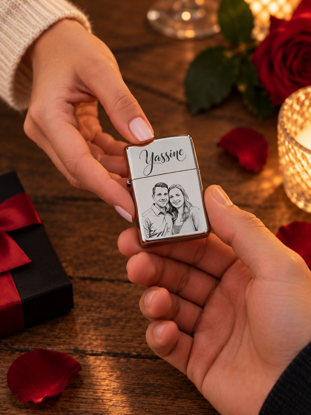 Briquet personnalisé offert en cadeau avec gravure laser d'un couple et d'un prénom
