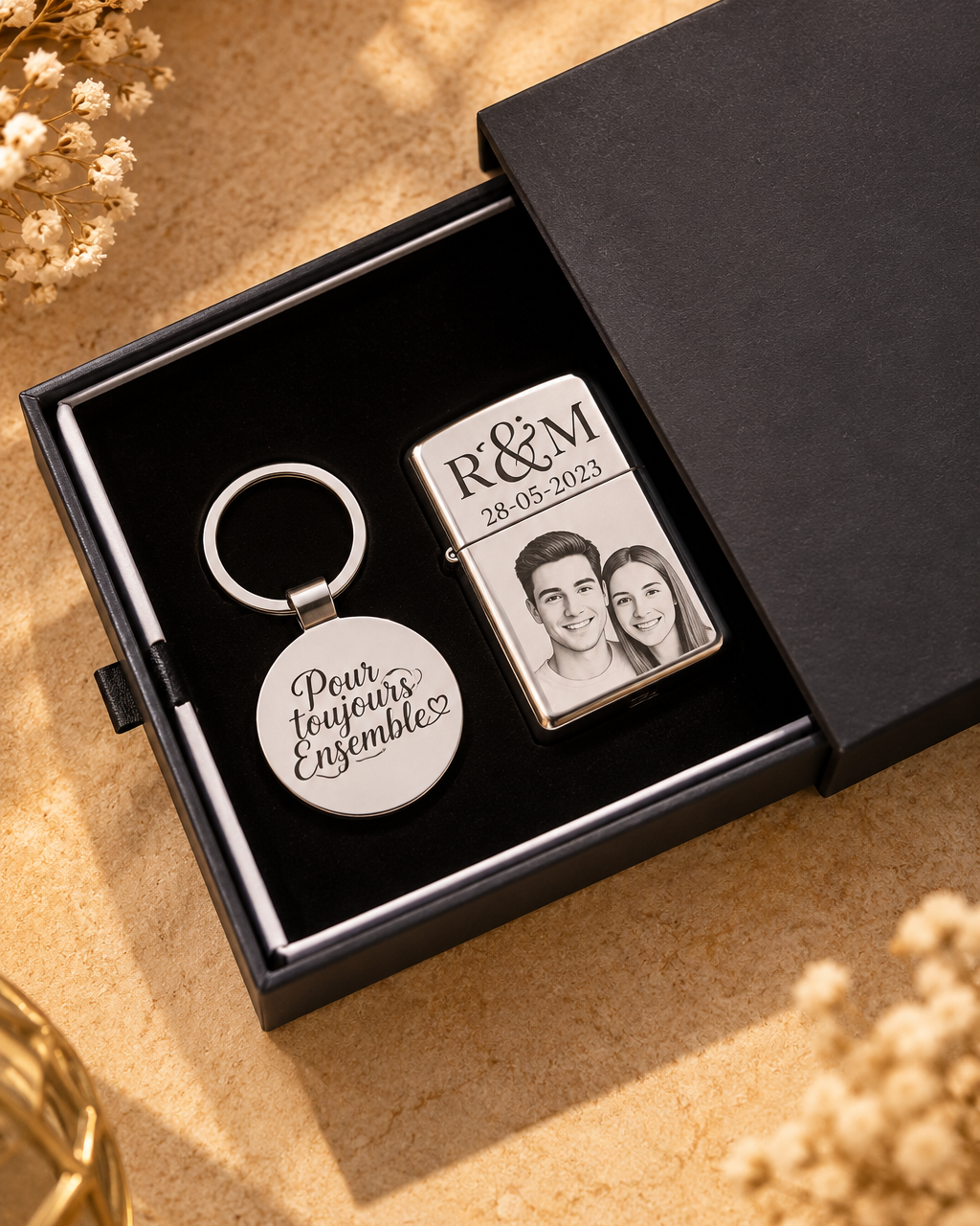 Coffret cadeau couple avec briquet photo personnalisé et porte-clés gravé