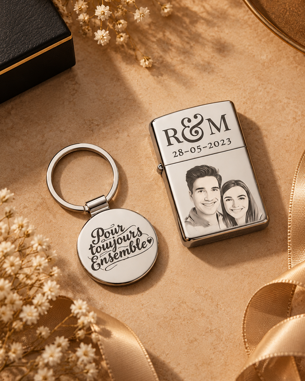 coffret cadeau couple, cadeau couple personnalisé, coffret romantique, briquet personnalisé photo, porte-clés gravé, cadeau amoureux, cadeau Saint-Valentin, cadeau anniversaire mariage, cadeau homme personnalisé, cadeau romantique Tunisie, cadeau personnalisé Tunisie, idée cadeau couple, cadeau avec photo