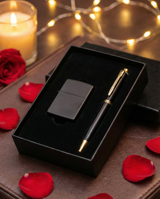 Coffret cadeau élégant contenant un briquet noir mat et un stylo à bille noir et or, entouré de pétales de rose rouges et d'une bougie.