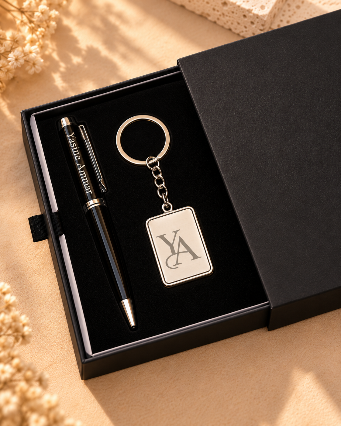 Coffret cadeau personnalisé avec stylo noir gravé et porte-clés photo