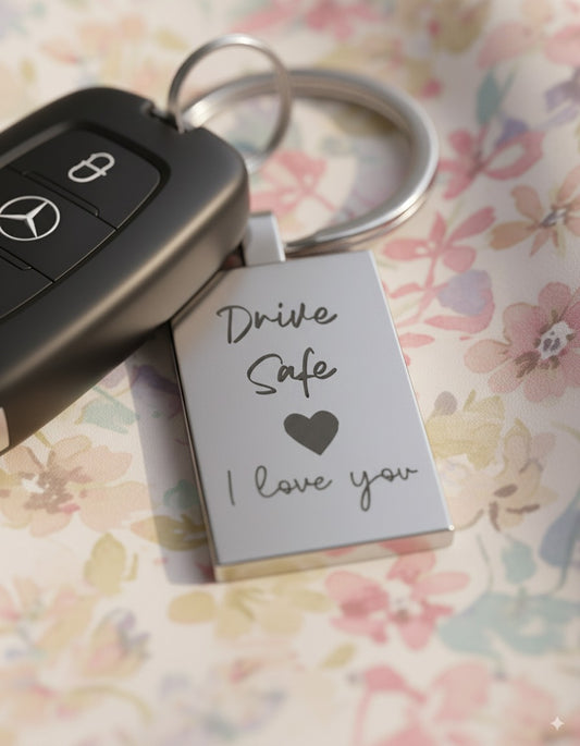 Porte-clés rectangulaire en métal gravé Drive Safe I Love You à côté d'une clé de voiture.