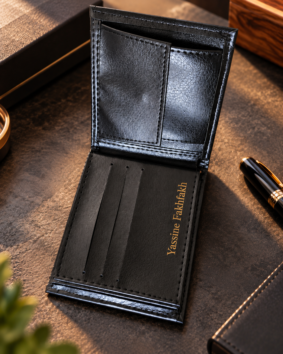 Portefeuille homme noir ouvert avec gravure personnalisée dorée à l'intérieur