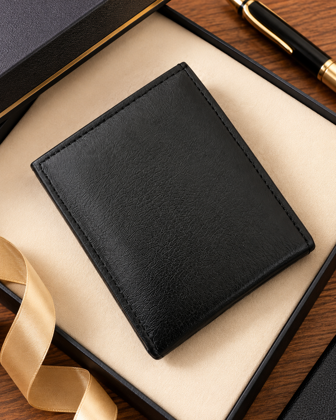 portefeuille homme noir à texture effet cuir présenté sur un bureau en bois