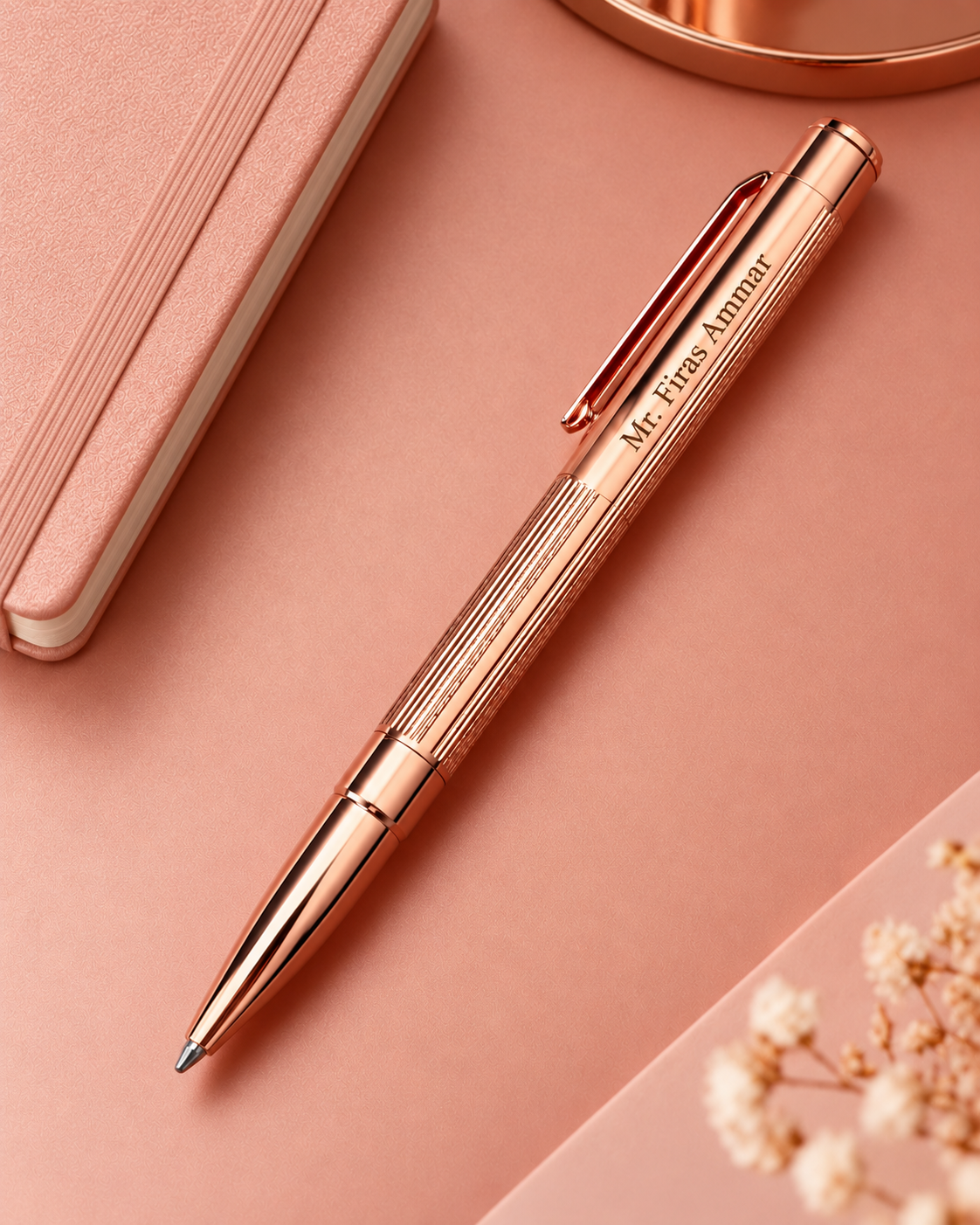 Stylo luxe rose gold personnalisé avec gravure, présenté sur un fond rose élégant