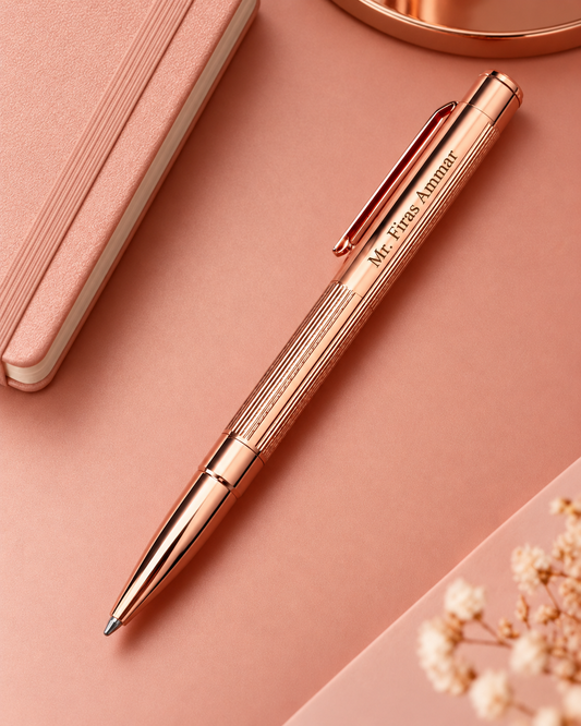 Stylo luxe rose gold personnalisé avec gravure, présenté sur un fond rose élégant
