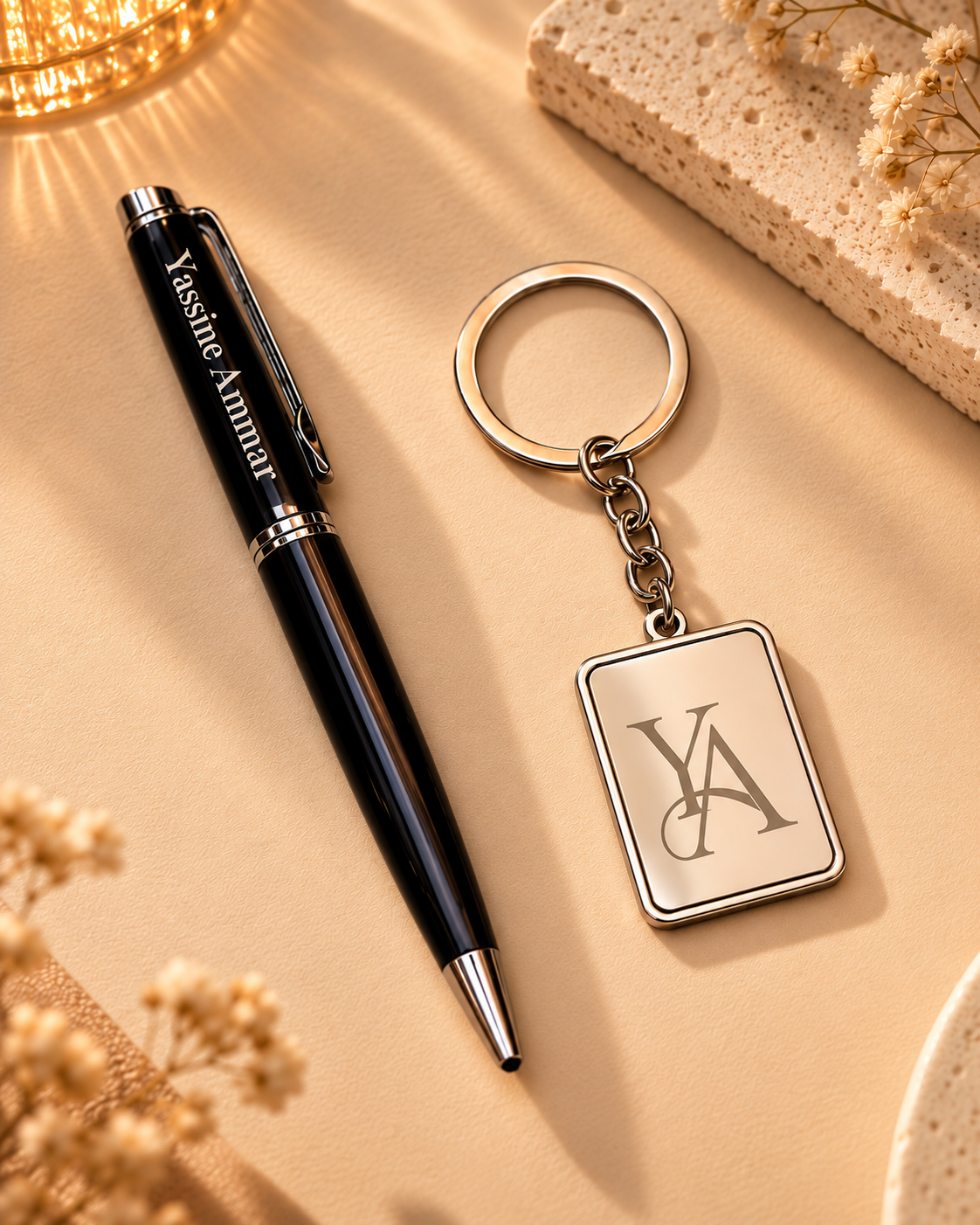 Stylo luxe noir avec gravure personnalisée du prénom et finitions argentées